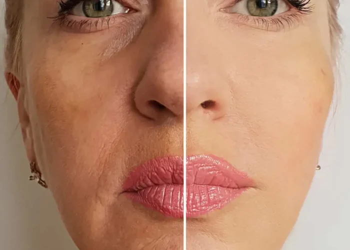vor und nach der Behandlung mit Hyaluronsäure Vorher-Nachher Vergleich: eingefallene Wangen und Hautalterung vs. frisches, straffes Hautbild